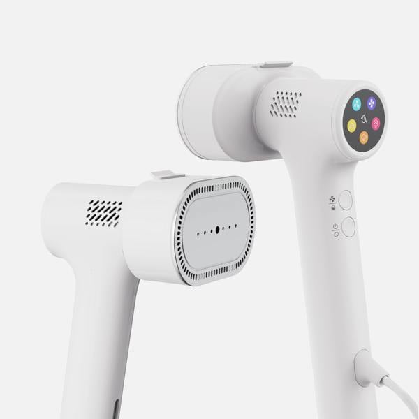 Two modern Fridja f20 Handheld Clothes Steamer Pro with Suction units, both in white—one highlighting the steam outlet and the other featuring a digital control screen with colorful icons. Each handheld garment steamer is equipped with a premium ironing plate for efficient and smooth wrinkle removal.