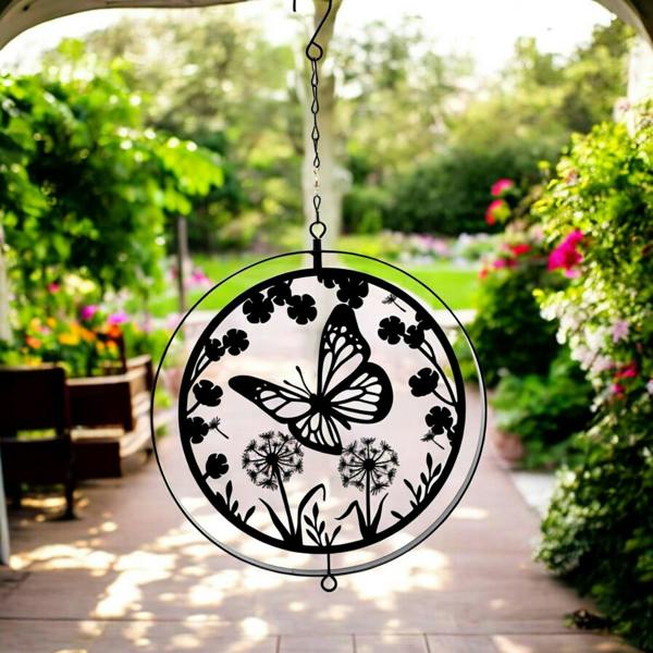 EDH Door Hardware Black Metal Butterfly Hanging Silhouette Orbit Spinner – 39cm x 23cm | Elegant Outdoor Garden Décor | Wind Spinner