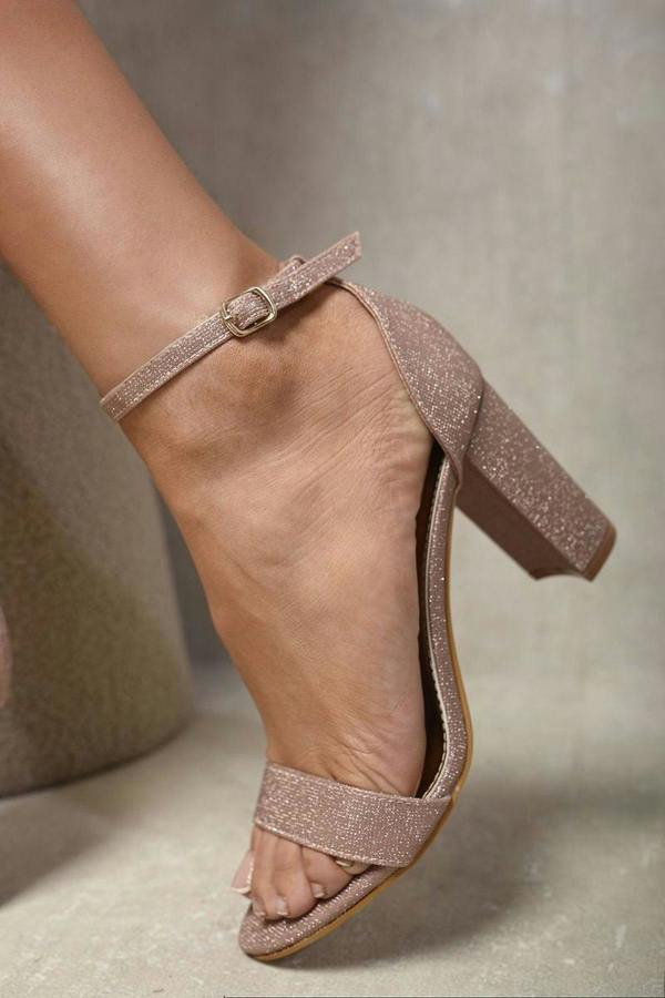 Emryn Detail Glitter Ankle Strap Block High Heels - Champagne
