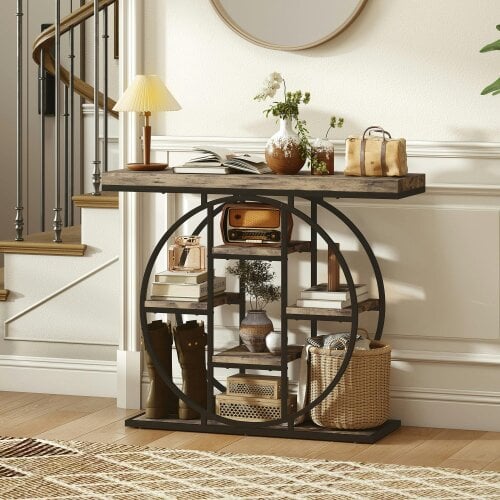 Wyld Haus Reyore Metal And Wooden Rustic Brown Industrial Console Table With OFauxn Shelving