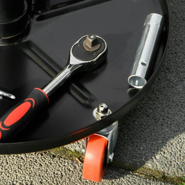 Close-up of mechanic stool base hardware and caster wheel with orange hub
