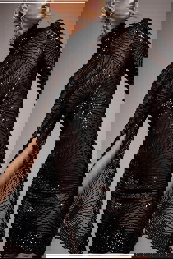 Sequin Starburst Cape Sleeve Mini Dress - Black DR4748