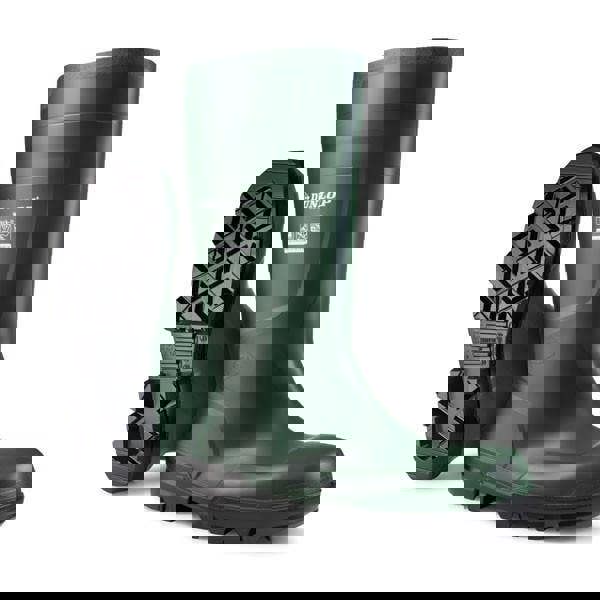 Dunlop Work It Full Mens Safety Steel Toe/Midsole S5 Wellington, green waterproof rubber safety boots with steel toe and midsole for safety work environments.