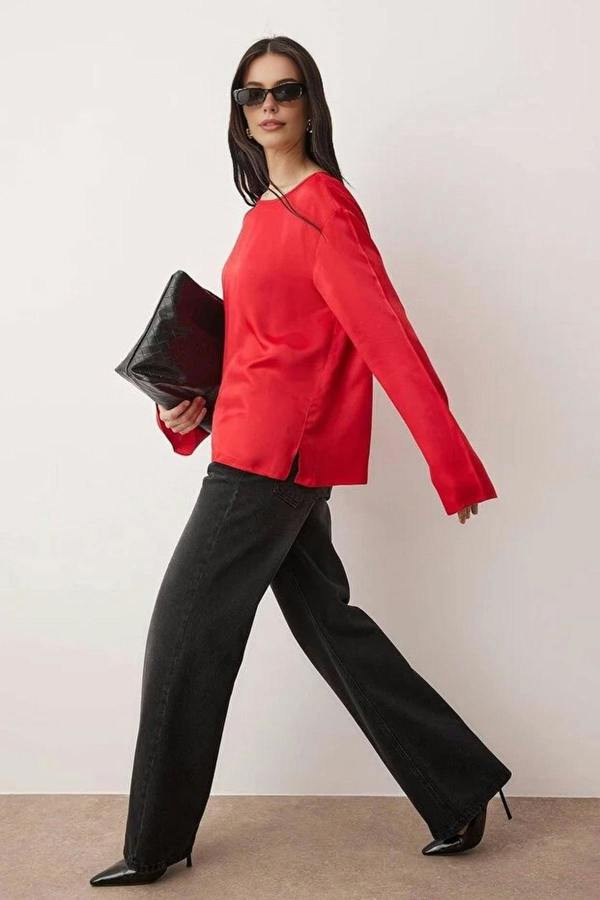 WOVCOR Relaxed Fit Satin Blouse with Back Neckline Tie Detail