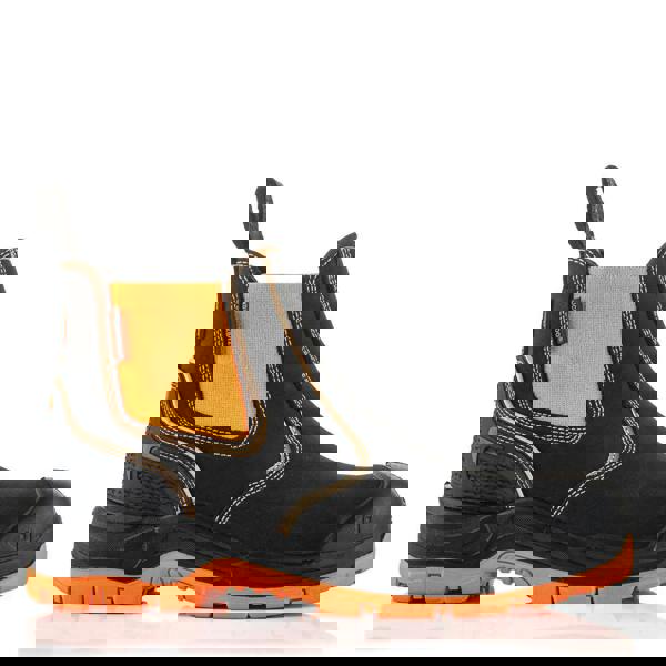 Buckbootz BVIZ3 Mens Pull On S7S Dealer Chelsea Safety Ankle Boots, black and orange safety boots with slip-on design and durable construction for work safety.