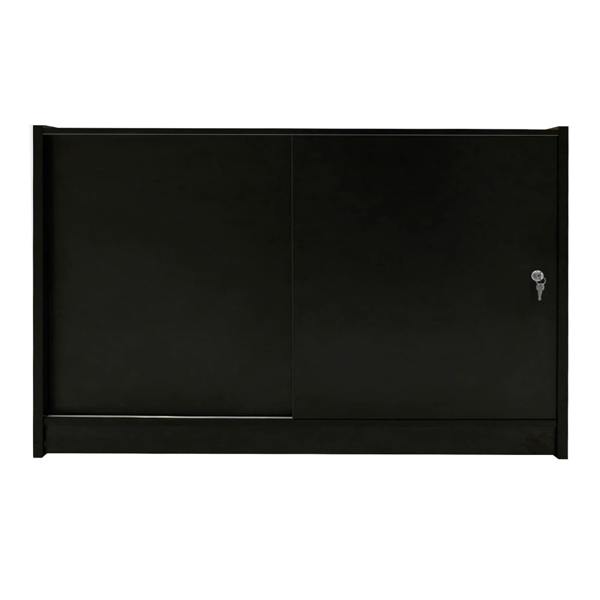 Sleek black LED retail shop counter B1500 with sliding doors and a lock, featuring a smooth finish and modern design