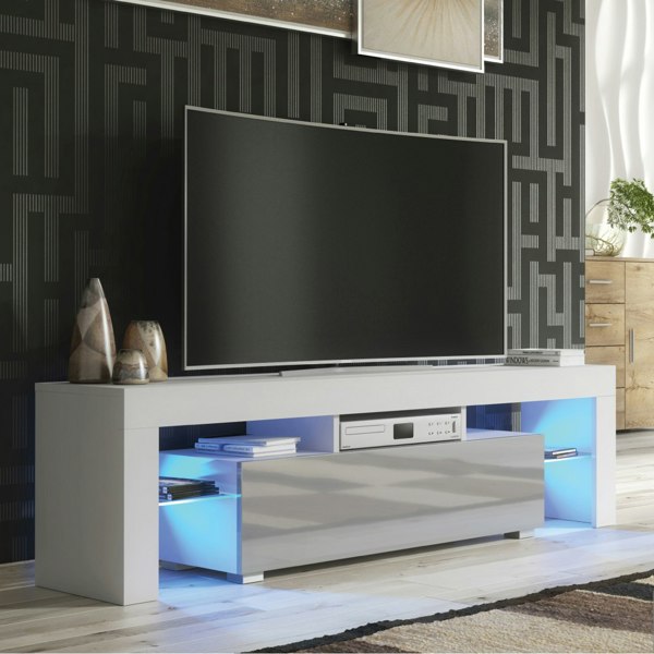 Mex Furniture Chic 160cm TV Unit – Modern TV Stand Cabinet with Grey High Gloss Door and Free LED