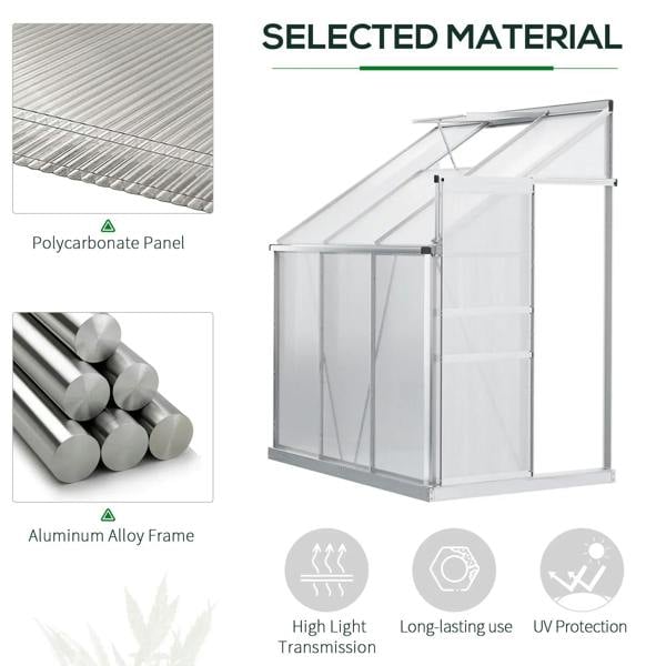 Lean-to polycarbonate greenhouse with clear polycarbonate panels and aluminum alloy frame.