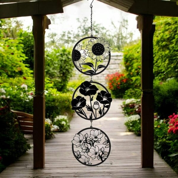 EDH Door Hardware Black Floral Silhouette Hanging Trio Spinner – 60cm x 15cm | Metal Kinetic Wind Spinner for Garden & Home