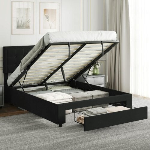 HOMCOM Double Bed Frame with Storage and Adjustable Velvet Headboard, Black