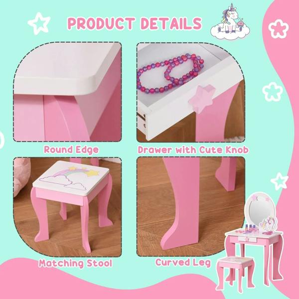 Pink kids vanity table features drawer with cute star-shaped knob and matching stool