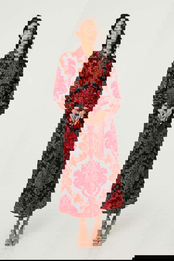 Red | Baroque Print Long Sleeve Maxi Dress