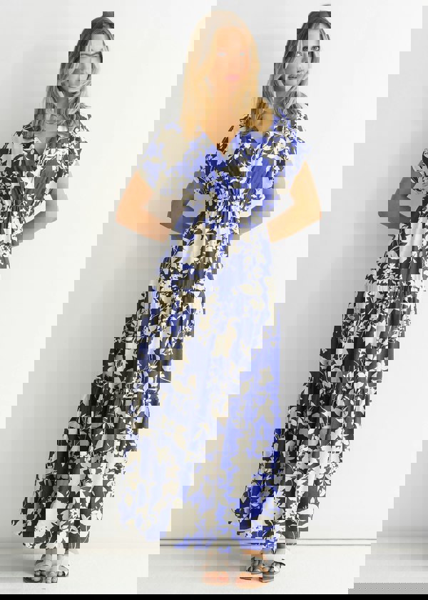 Gini London Blue Floral Elastic Waist Maxi Dress