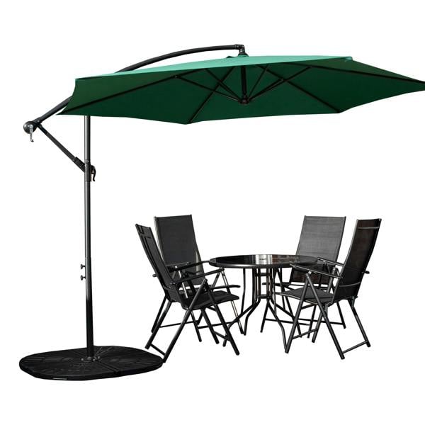 Samuel Alexander Outdoor 4 Person Round Glass Top Garden Dining Table Chairs With Green Banana Parasol and Base Set