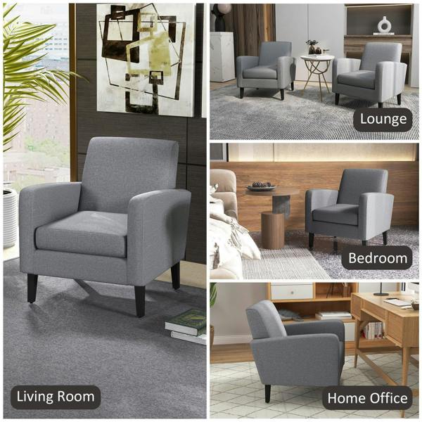 Grey upholstered accent chair with armrests and dark wooden legs