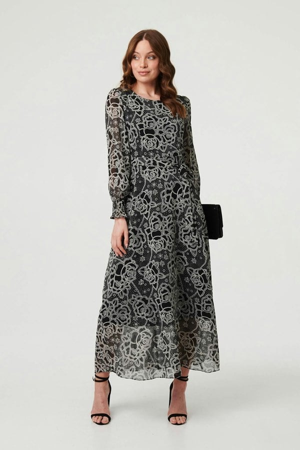 Black | Printed Semi Sheer Layer Maxi Dress