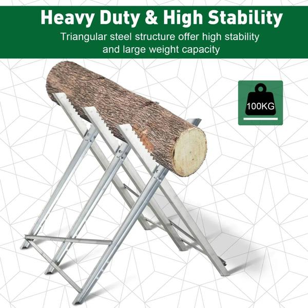 Silver metal sawhorse stand holding a round log on serrated work supports