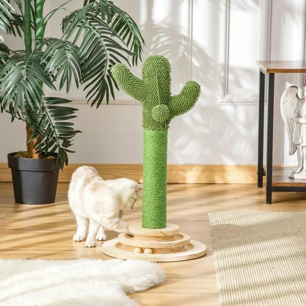 Green cactus-shaped cat scratching post with circular wooden base and sisal column