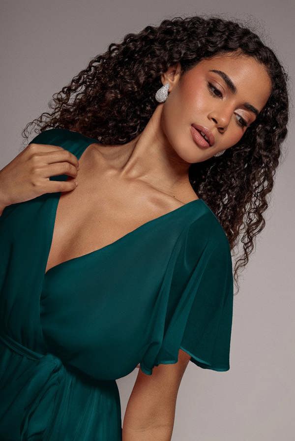 Flutter Sleeve Wrap Mini Dress With Elasticated Waist - Green DR2843