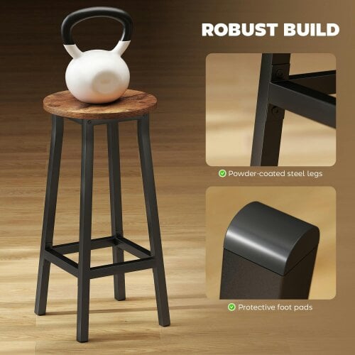 Wyld Haus Rema Set Of 2 Rustic Brown Industrial Round Bar Stools With Footrest 65cm