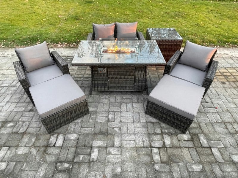 Fimous Outdoor Garden Dining Sets 6 Seater Rattan Patio Furniture Sofa Set with Gas Firepit Table 2 Big Footstool Side Table Dark Grey Mixed