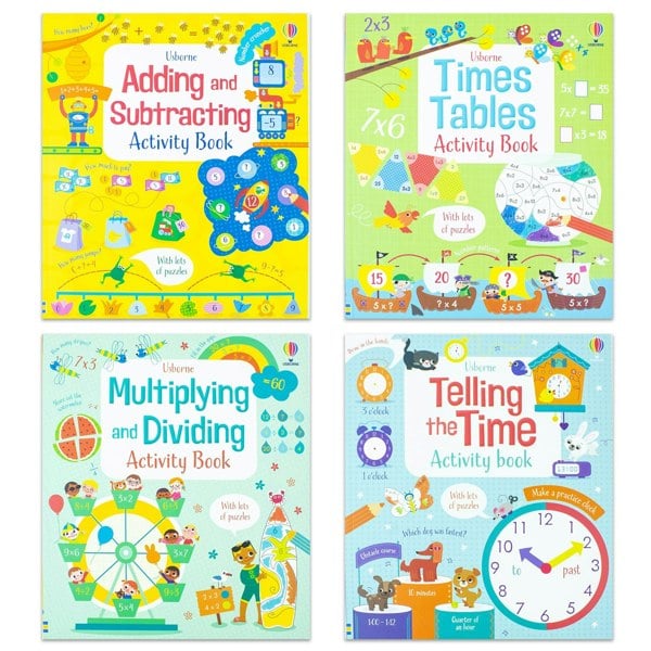 Educational Workbooks 4 Book Set: Addition & Subtraction, Times Tables, Telling the Time & More