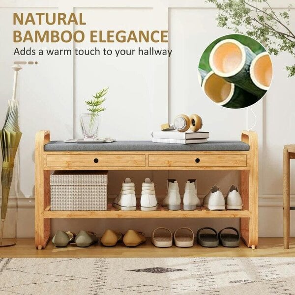 Shoe Bench with 2 Drawers Cushioned Seat Shoe Storage Bench for Hallway 105 cm Natural and Grey