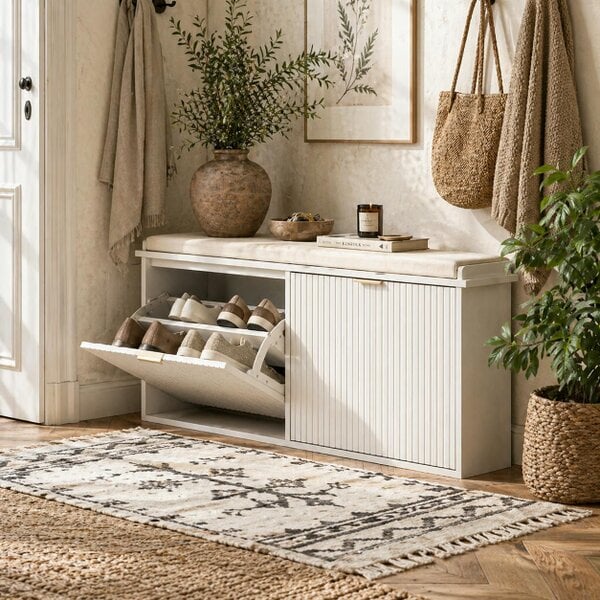 Wyld Haus Fasu Liha Wooden White 10 Pair Shoe Bench With Cushioned Top
