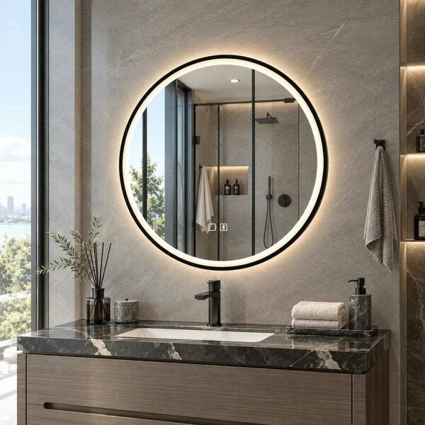 Bathroom Mirror with LED Lights, 60cm Round LED Bathroom Mirror with 3 Colours Dimmable, Bluetooth, Anti-Fog, Black