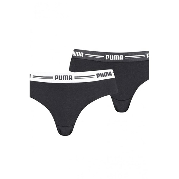 Puma 2-Pack Striped Logo Mid-Rise Brazilian Briefs, Black