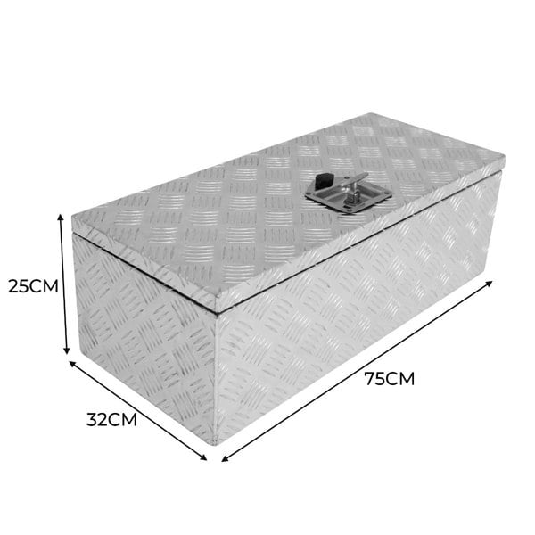 Medium 60L aluminium tool box with a diamond plate texture, featuring a secure latch and dimensions of 75cm x 32cm x 25cm