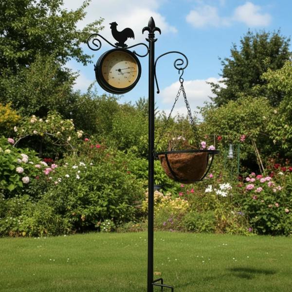 The Garden Marketplace Cockerel Design Garden Clock and Thermometer with Hanging Basket