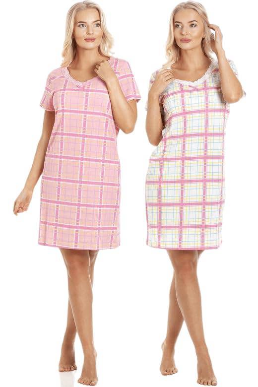 Camille 2 Pack Short Sleeved Summer Cotton Nighties - Breathable & Lightweight Nighties for Women