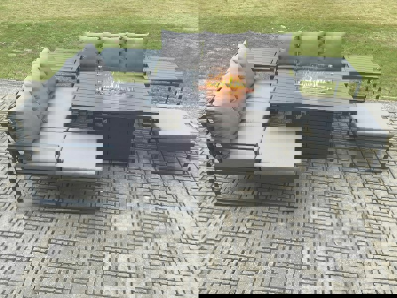 Fimous Aluminium Outdoor Lounge Sofa Garden Furniture Sets Gas Fire Pit Dining Table Set with 2 Big Footstools 2 Side Tables Dark Grey