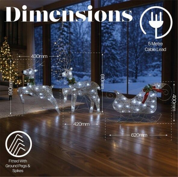 Scotts of Stow Xmas Haus LED Silver Glitter Deer and Sleigh Outdoor Decoration with Flash  and Timer
