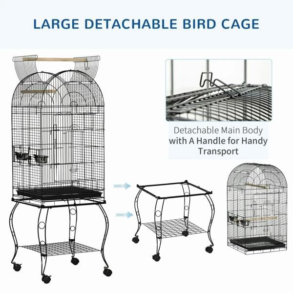 Large detachable black bird cage with arched top on wheeled stand