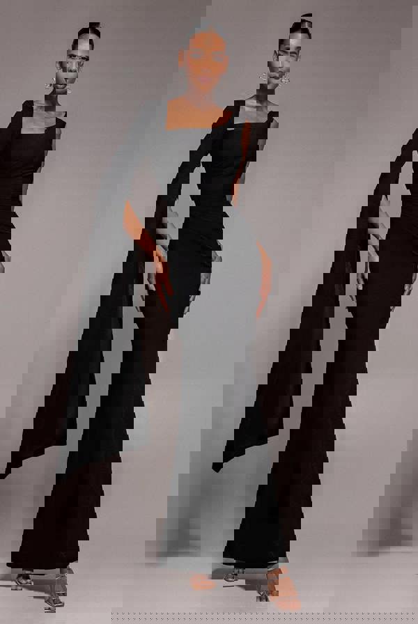 One Shoulder Cape Sleeve Maxi Dress - Black DR5041