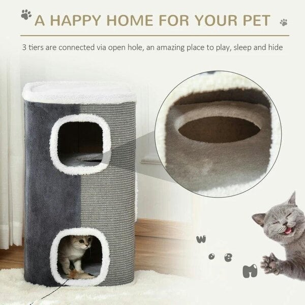 Cat Barrel Scratching Post Cat Tree for Indoor Cats Kitten Climbing Frame Pet Play Tower Soft Plush & Lamb Fleece Grey