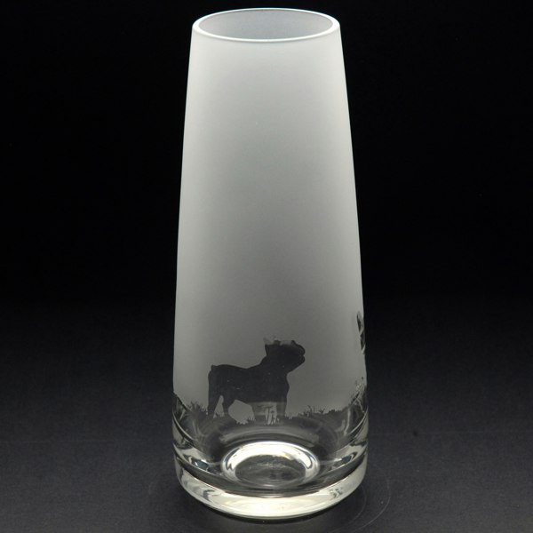 Glyptic Glass Art French Bulldog Dog Glass Bud Vase - Hand Etched/Engraved Gift