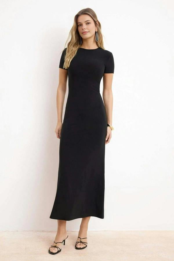 WOVCOR Fitted Crew Neck Stretch Knit Maxi Pencil Dress