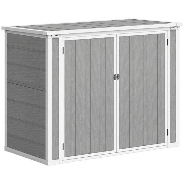 Grey double trash bin storage shed with lockable double doors and vented panels
