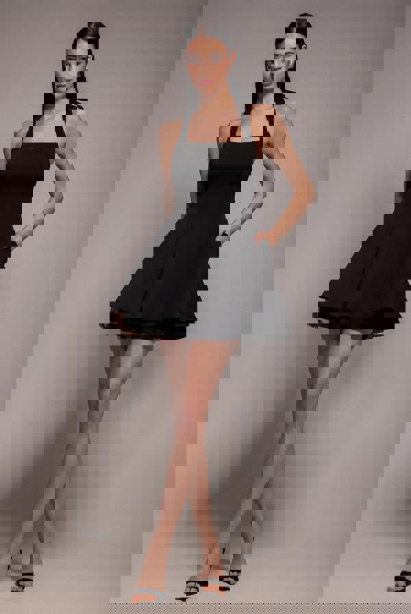 Organza Frill Bow Back Halter Mini Dress - Black DR4744