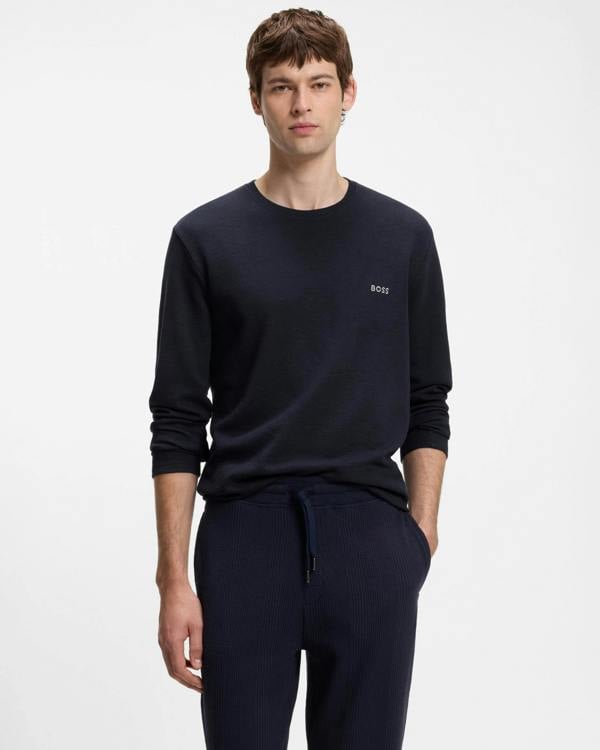BOSS Orange Waffle Mens Ottoman pyjama T - Shirt with embroidered logo - Dark Blue 403 | CHO | Designer Mens,Pyjamas Loungewear & Robes,Pyjamas