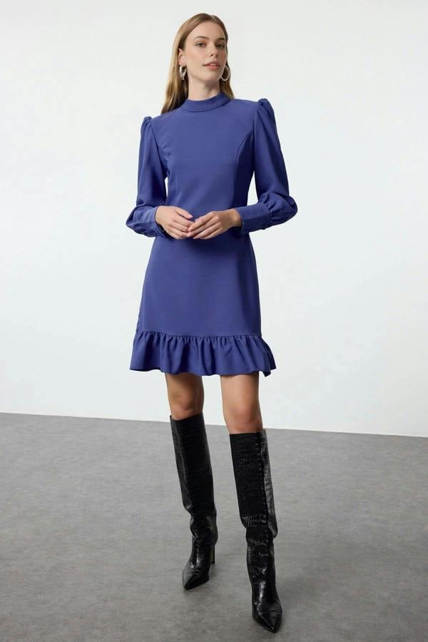 WOVCOR A-Line Stand-Neck Mini Woven Dress with Gathered Skirt