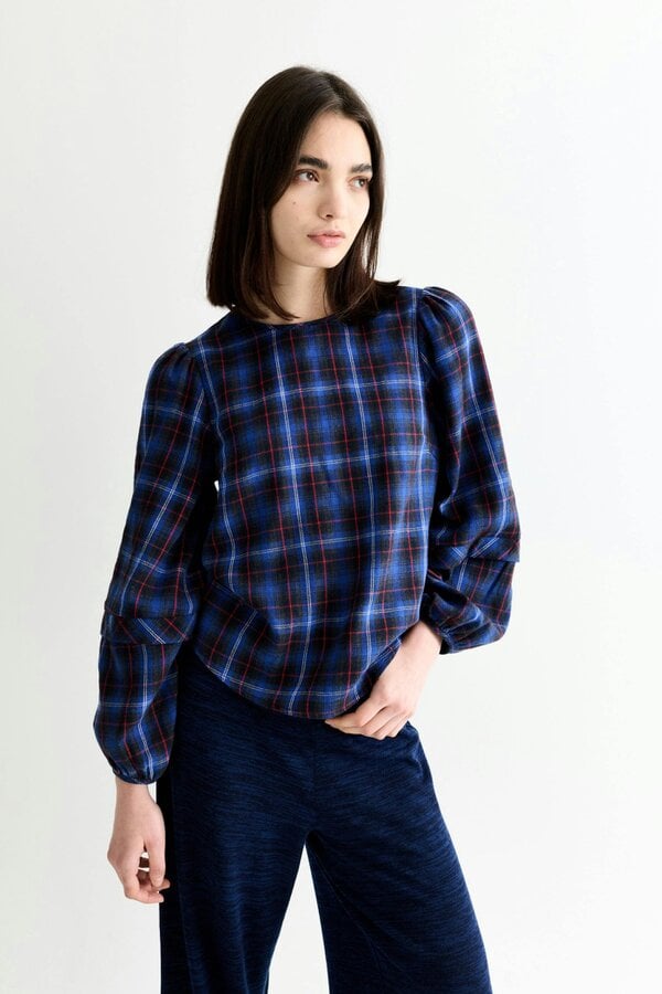 Rivka Winter Check Pleat Long Sleeve Blouse - Blue