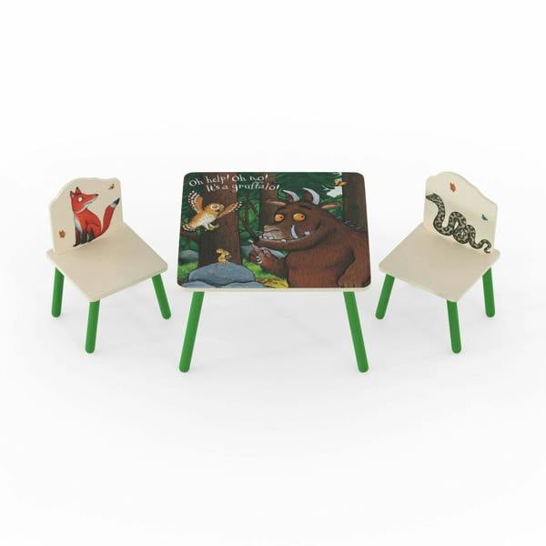 A green/cream toddler table and 2 chair furniture set, featuring characters from The Gruffalo story book.