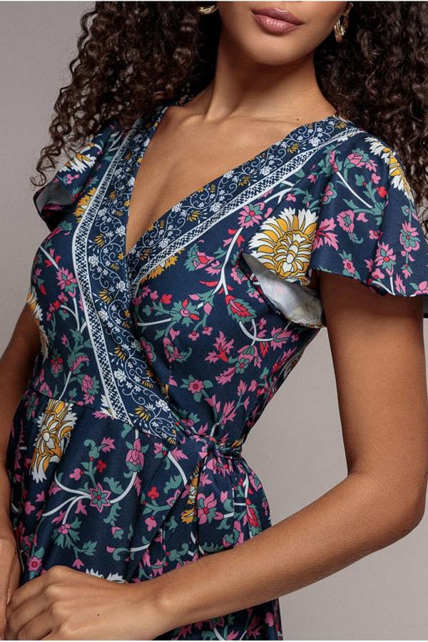 Floral Print Wrap Midi With Flutter Sleeves - Navy Print DR3440