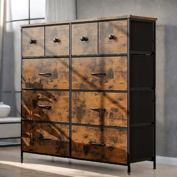 Rafaelo Mobilia Industrial 10 Fabric Drawer Chest Rustic Brown
