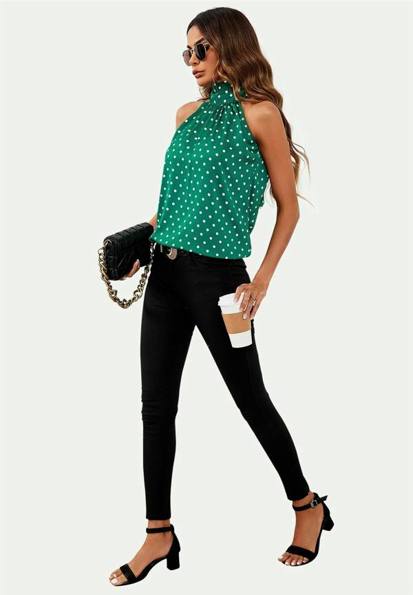 FS Collection Polka Dot Print Halter Neck Tie Back Top In Green