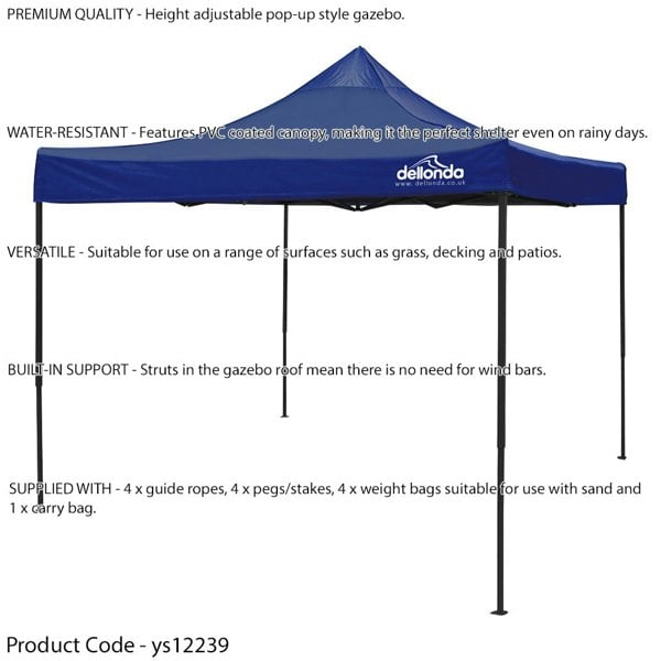 3x3m Pop-Up Gazebo - BLUE Heavy Duty Frame & Water Resistant - Garden Pavillion - LoopsDirect